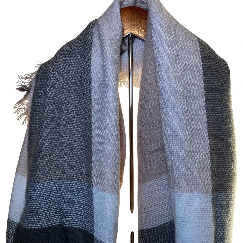 CG Couture Gems Womans Oversized Plaid Fringe Scarf Grey  Taupe White